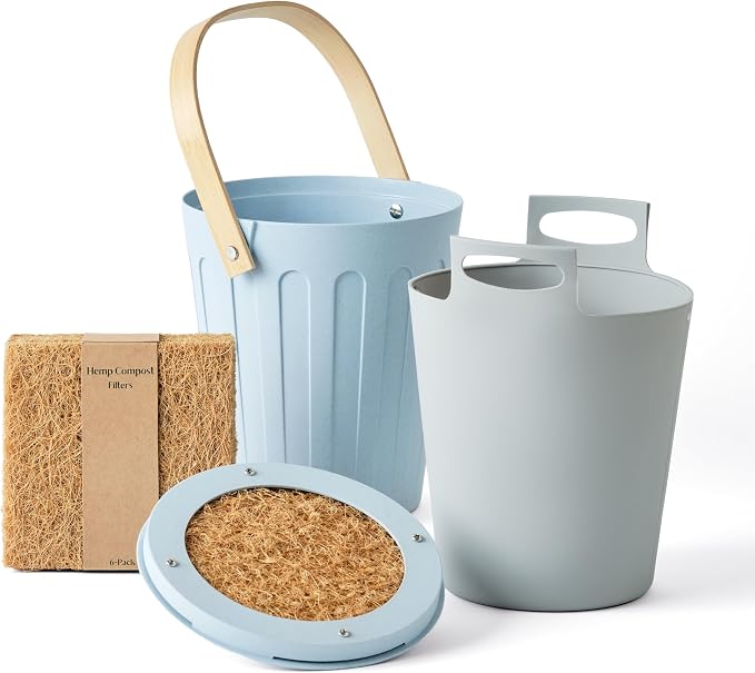 Martha Stewart Indoor Compost Bin Starter Bundle | Countertop Composting Bucket for Kitchen | .7 Gallon Capacity | Includes 6 Filters and Silicone Liner Bag | Plant Based Materials | Light Blue