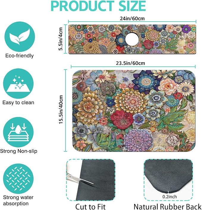 Dish Drying Mat for Kitchen Counter Matt, 2PCS 23"x15" Dish Drainer Mat & 24"x5.5" Sink Splash Guard, Super Absorbent Non-slip Rubber Backed