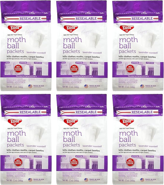Enoz Moth-Tek Packets, Kills Clothes Moths and Carpet Beetles, Resealable Bag, Single Use Packets, Lavender Scent, 12 oz, Pack of 6