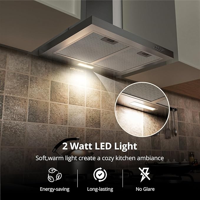 FIREGAS Range Hood 24 inch Wall Mount Type with Ducted/Ductless Convertible, 450 CFM Stainless Steel Chimney-Style Kitchen Hood, Over Stove Vent Hood with 3 Speed Fan, Charcoal Filters