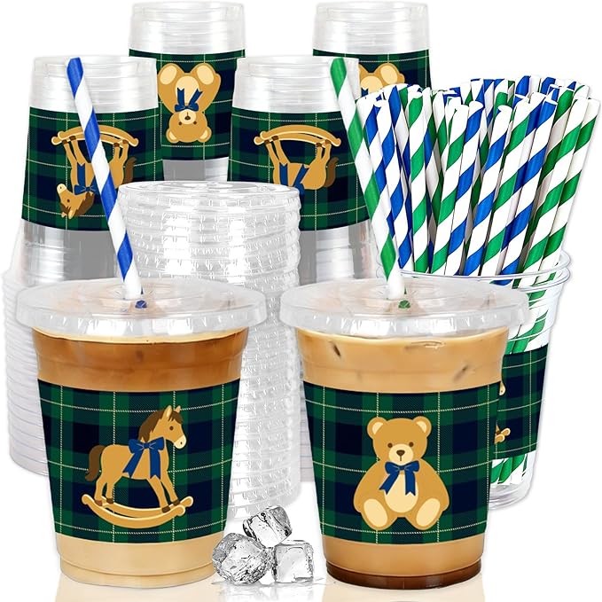 AnyDesign 50Pcs 12Oz Green Blue Tartan Plaid Plastic Cups with Lids and Straws Vintage Preppy Bear Rocking Horse Disposable Cold Drink Cup for We Can Bearly Wait Baby Shower Party Birthday Supplies