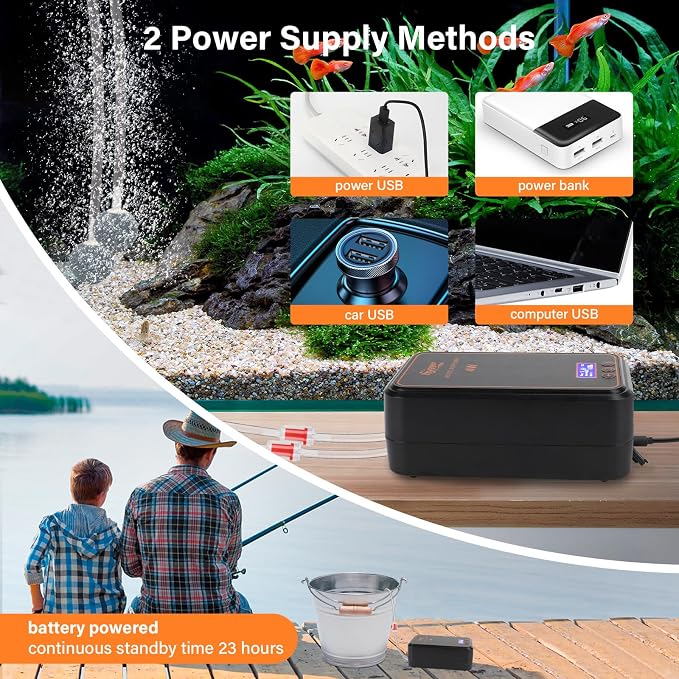 hygger Aquarium Air Pump, Rechargeable Portable Oxygen Pump with Single/Dual Outlets, Ultra Quiet Battery Powered Air Bubbler for Fish Tank up to 200 Gallo