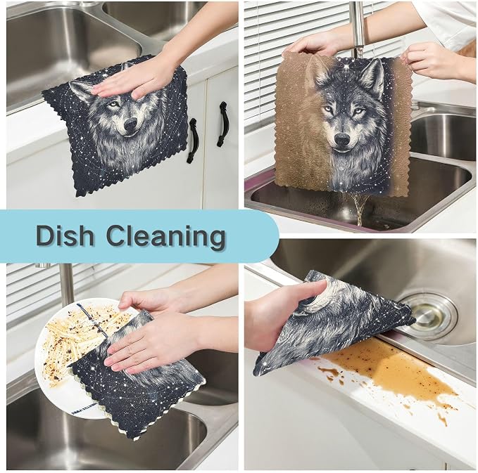 Black Wolf Totem and Constellation Kitchen Towels Dish Cloths Set of 6 Microfiber Cleaning Cloths for Cars Super Absorbent Machine