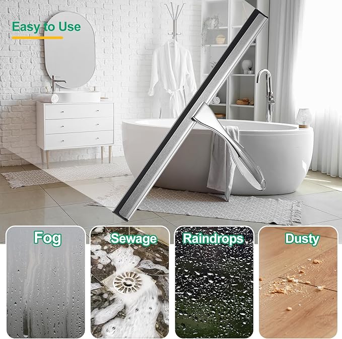 uxcell 14 Inch Shower Squeegee for Glass Doors, Stainless Steel All-Purpose Bath Squeegee with Hooks Holder Square Sticky Hook for Bathroom Window Mirror Car Glass, Silver