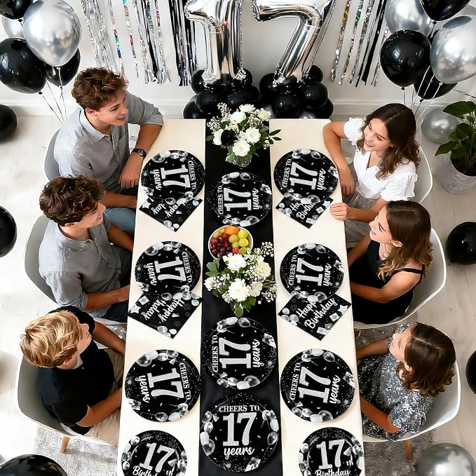 96Pcs 17th Black and Silver Birthday Party Supplies Cheers to 17 Years Plates and Napkins Disposable Happy 17th Birthday Tableware Set for 17 Years Old Graduation Party Serves 24