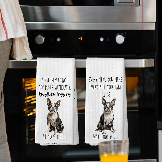 Boston Terrier Dog Kitchen Towels Set of 2, Funny Dog Kitchen Decor, Dogs Gifts for Women Men Hand Towel, Pet Owner Gift Decorative Tea Towels Dish Towel 16x24 Inch