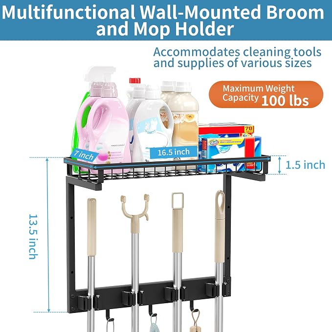 XLP Heavy Duty Broom Holder Wall Mount, All-Metal Cleaning Supplies Organizer & Mop Holder, Space Saving Wall Hanging Rack with Hooks for Home, Garage, Laundry Room - Black