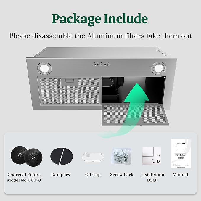 FIREGAS Range Hood Insert 30 Inch, 600 CFM Ducted/Ductless Convertible Built-in Kitchen Vent Hood, Stainless Steel Stove Hood with 3 Speed Exhaust Fan & Aluminum Filters