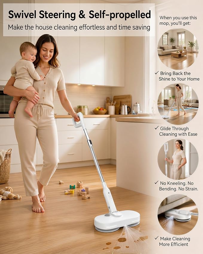 Buways Cordless Electric Mop, Self-Propelled Electric Spin Mop, Gravity Assist Pressure, 8000mAh Battery, LED Light & Water Spray, for Hardwood, Tile & Laminate Floors