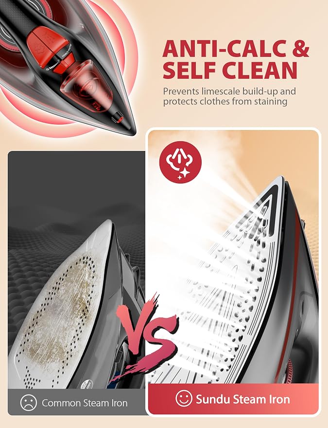 Sundu Steam Iron for Clothes with Rapid Heating Ceramic Coated Soleplate, 1500W with Precise Thermostat Dial, Self-Cleaning, Auto-Off, 15.21oz Water Tank for Home Clothes Ironing Use, Red