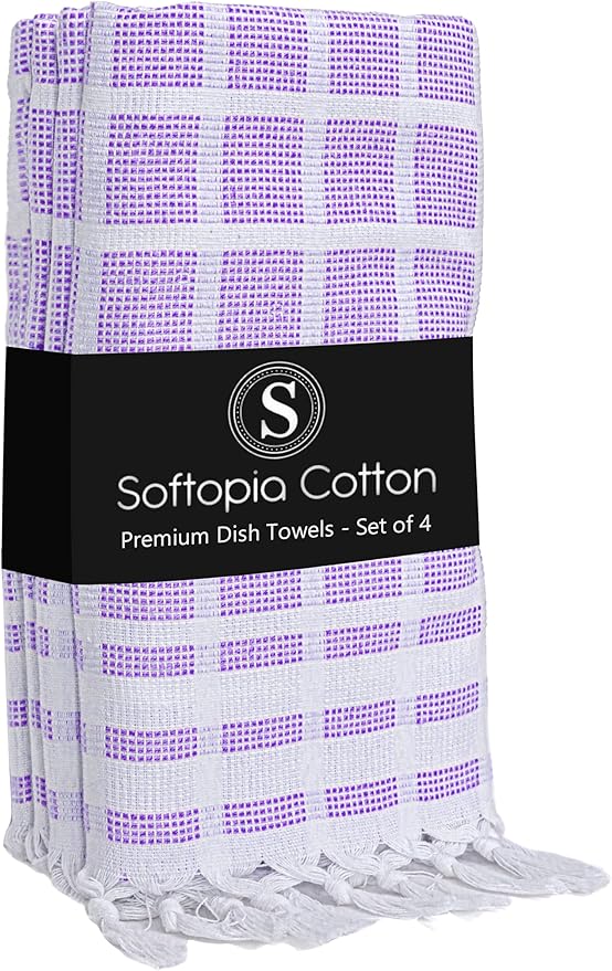 Matrix Dobby Kitchen Towels 4 Pack, 16x26 Inches, 100% Cotton, Absorbent Reusable Dish Cloths with Handmade Tassels, Washable Hand Towels for Drying - Lavender, White