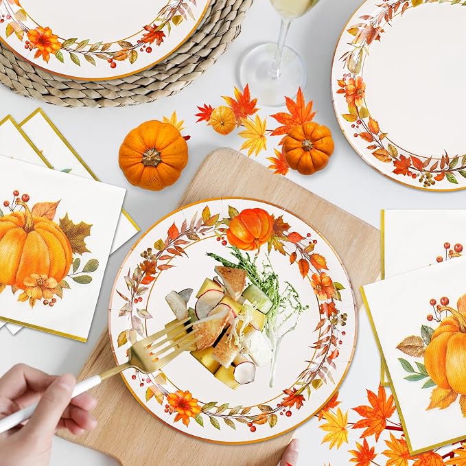 200Pcs Fall Paper Plates and Napkins Set,Thanksgiving and Pumpkin Plates Disposable Dinnerware,for Autumn Celebrations, Thanksgiving Day and Harvest Festival,Serve 50 Guests
