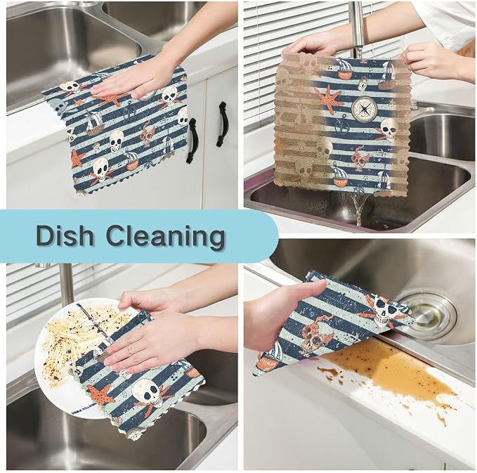 Blue Pirate Skull Sailboat Starfish Compass Kitchen Towels Dish Cloths Set of 6 Microfiber Cleaning Cloths for Cars Super Absorbent Machine