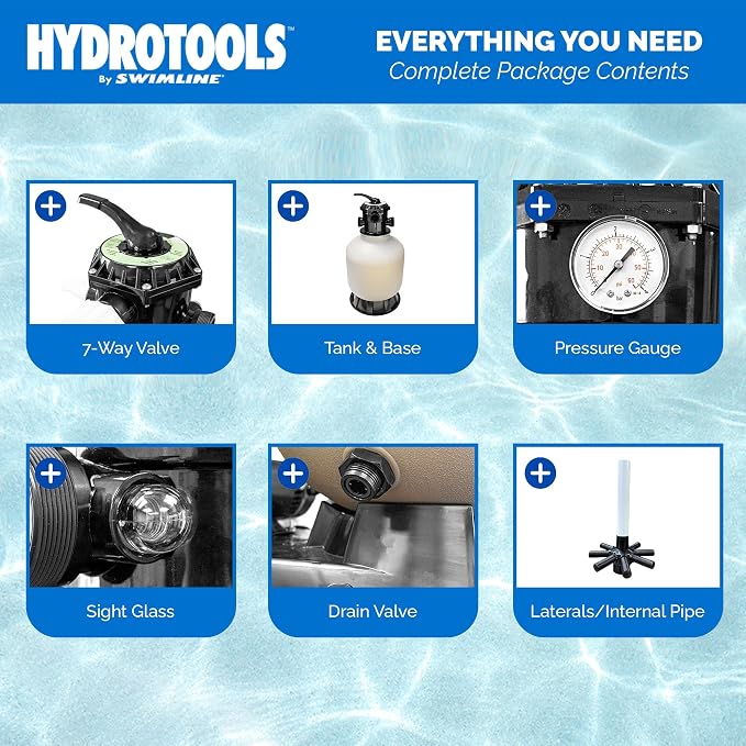 HYDROTOOLS BY SWIMLINE 16 Inch Sand Filter Combo Set With Stand & Multi Port Valve | 100 Pound Sand Capacity