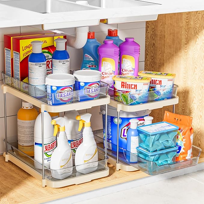 Delamu 2-Tier Multi-Purpose Bathroom Under Sink Organizers and Storage, Stackable Kitchen Pantry Organization, Pull Out Medicine Cabinet Organizer with Movable Dividers, Beige, 2 Pack