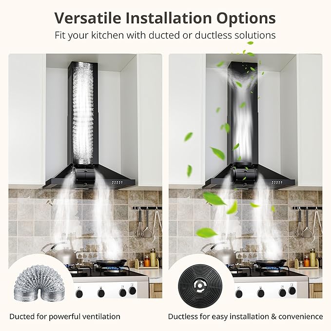 FIREGAS Range Hood 24 inch Wall Mount Type with Ducted/Ductless Convertible,450 CFM Stainless Steel Chimney-Style Kitchen Hood, Over Stove Vent Hood with 3 Speed Fan,Charcoal Filters,Black