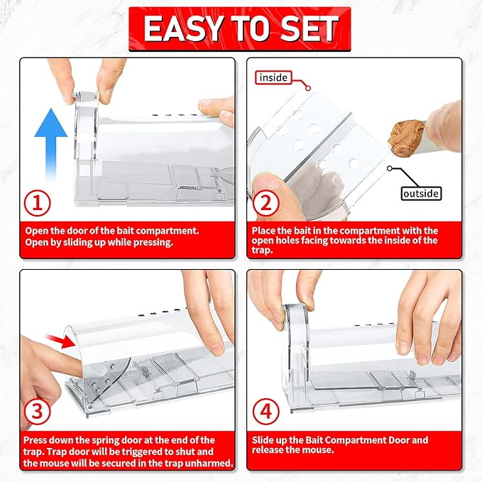 LULUCATCH Humane Mouse Traps 2 Pack | Live No Touch Catch and Release No Kill Rodent Traps | Reusable with Cleaning Brush | Pet Safe Indoor Outdoor for Mice, Rats, Chipmunks, Voles, White