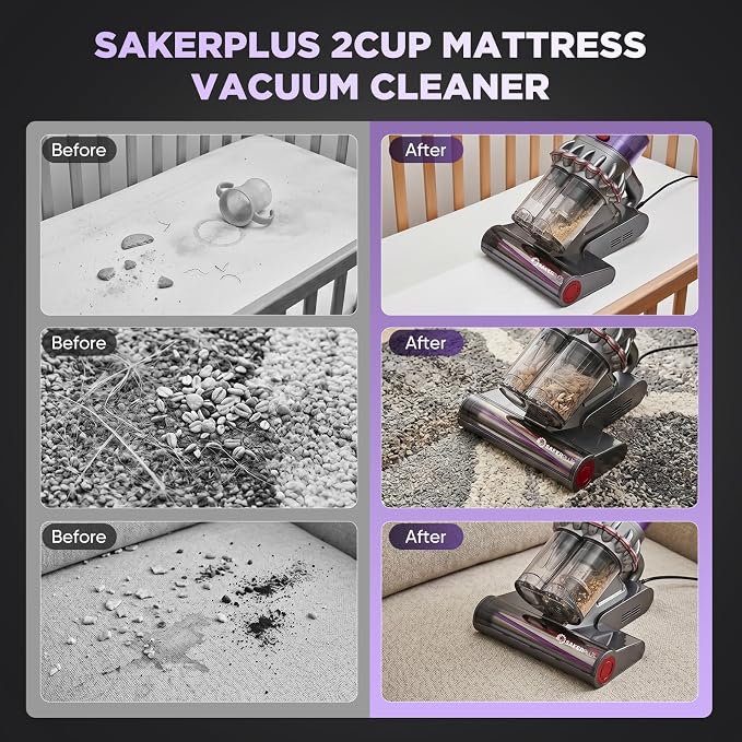 SakerPlus Powerful Bed Vacuum Cleaner, 350W Corded Mattress Vacuum with 2-Cup System,Smart Dust Sensor,Washable Dust Cup & Roller Brush for Mattress, Sofa(16.4 ft Corded)