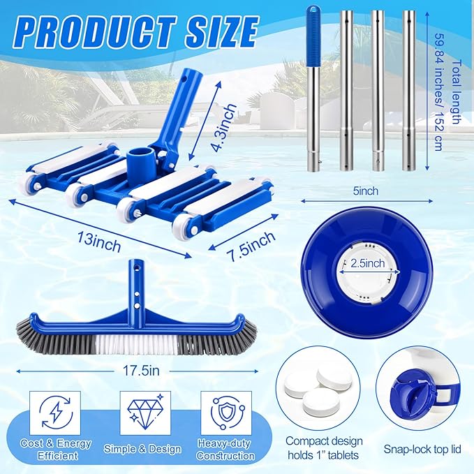Potchen 6 Pcs Pool Cleaning Kit Include Vacuum Head, Skimmer Net, Brush Head, Telescoping Pole, Pool Chlorine Floater, and Test Strips for Above Ground Pools Hot Tubs Maintenance Tools(Classic Vac)