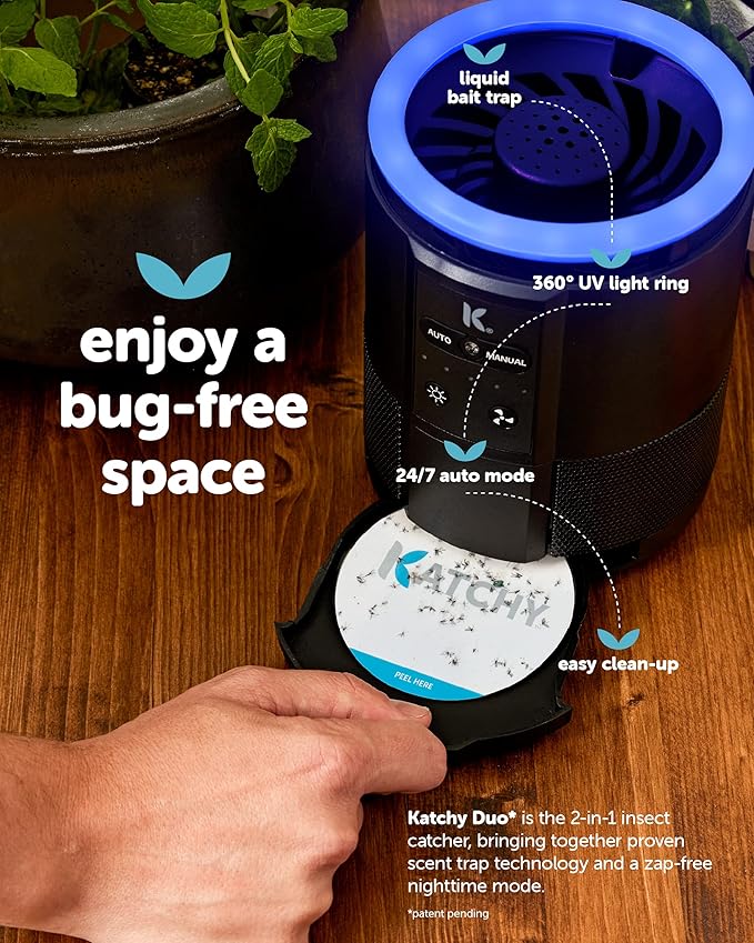 Katchy Duo Indoor Fruit Fly Trap (Black) & 8 Pack Refillable Glue Boards
