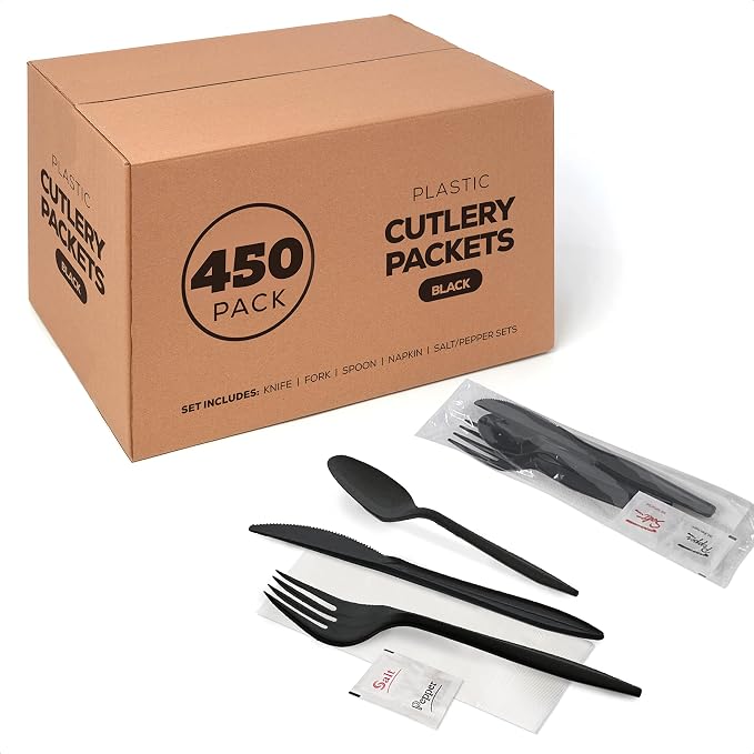 450 Plastic Cutlery Packets - Knife Fork Spoon Napkin Salt Pepper Sets | Black Silverware Sets Individually Wrapped Cutlery Kits, Bulk Plastic Utensil Cutlery Set Disposable To Go Silverware