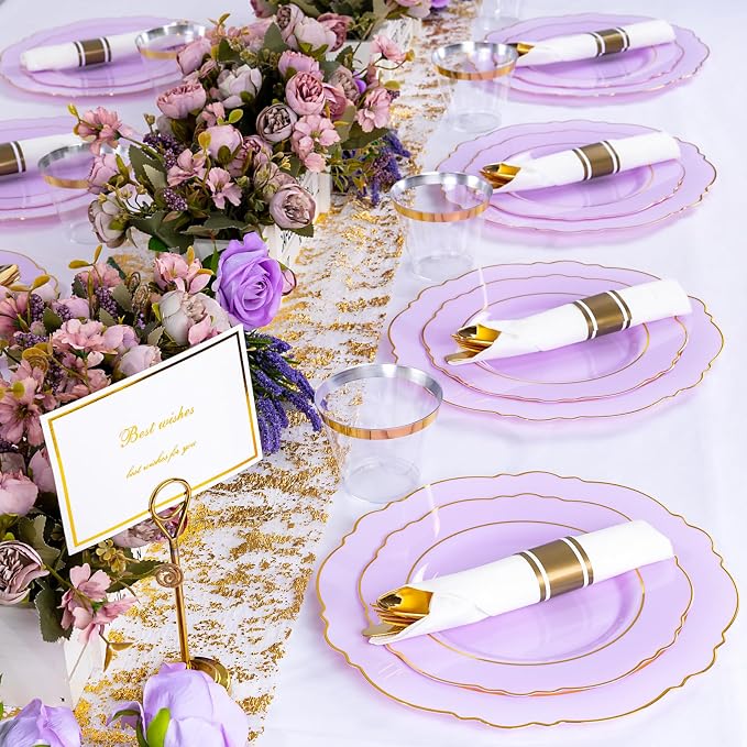 Liacere 350PCS Purple Plastic Plates - Disposable Lavender Plates 50guest Plastic Dinnerware include 100Light purple Plates,50Pack Pre Rolled Napkins Silverware 50Cups for Wedding & Party