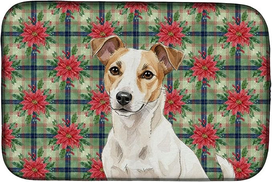 Caroline's Treasures White and Tan Jack Russell Terrier Christmas PoinsettIas Dish Drying Mat Absorbent Dish Drying Mat Pad for Kitchen Counter Dish Drainer Mat for Countertop, 14 x 21", Multicolor