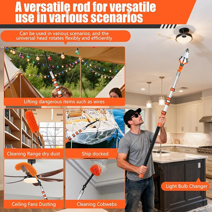 20FT Light Bulb Changer for High Ceilings with 5-12FT Heavy Duty Extension Pole,High Ceiling Fan Duster Extendable Reusable Cobweb,Feather,Window Cleaning Squeegee Kit for Home & House,Interior Roof