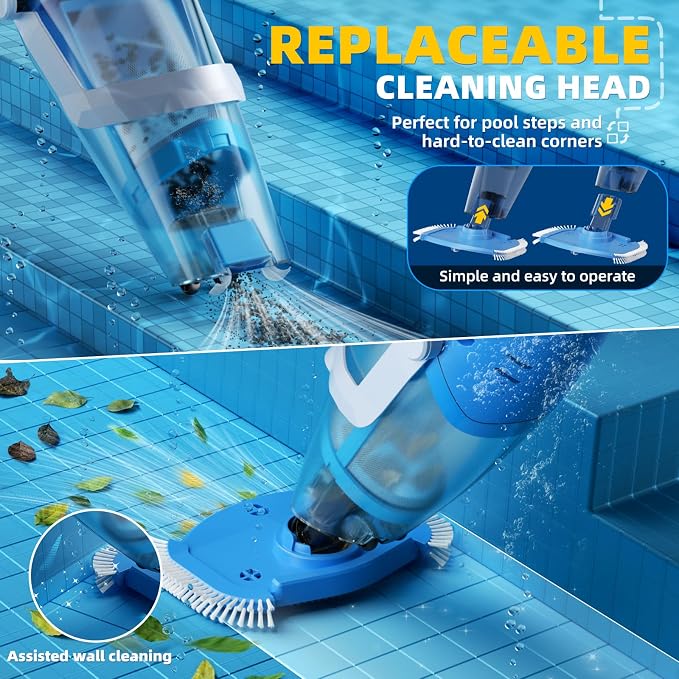 Cordless Pool Vacuum, 1950 GPH Powerful Suction, Handheld Pool Cleaner with Telescopic Pole, 60 Min Runtime, 2L Large Capacity, Rechargeable for Above Ground & Inground Pools, Spas & Hot Tubs