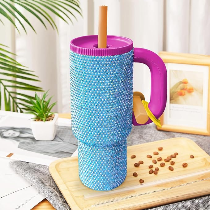 HWISDMIG 40oz Tumbler with Handle-Glitter Rhinestones Tumbler Bling Cups Stainless Steel Water Bottle Diamond Studded Tumbler for Women-Birthday Gifts for Women, Mom, Girlfriend (Aqua Gleam)