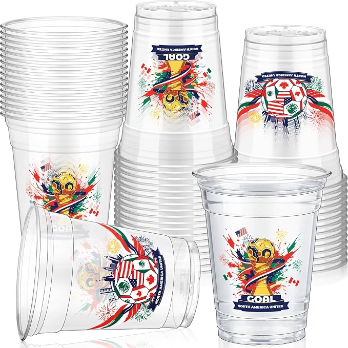 Jingmore 50 Pcs Soccer Plastic Cups 12 oz International Countries Soccer Disposable Plastic Cups Thick Clear Drinkware for Sports Games Party Supplies (Goal Trophy)