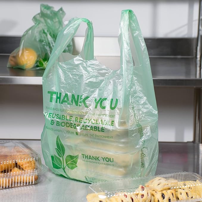 KitchenDine Eco Green Plastic Bags - 500 Count Biodegradable Shopping -Thank You - 22" x 12" Carry Out Bags. (500)