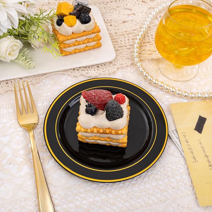 bUCLA 100PCS Black and Gold Plastic Plates - 6.25 inch Black Gold Premium Hard Disposable Dessert/Salad/Appetizer/Small Cake Plates for Party, Graduation & New year