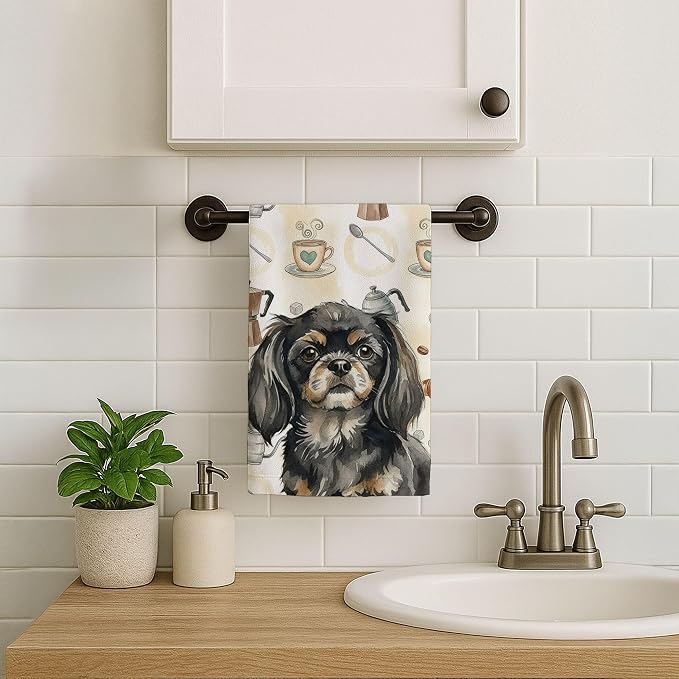 Caroline's Treasures Black and Tan Tibetan Spaniel Coffee Bar Kitchen Towel Velour Plush Front and Cotton Loop Back Machine Washable