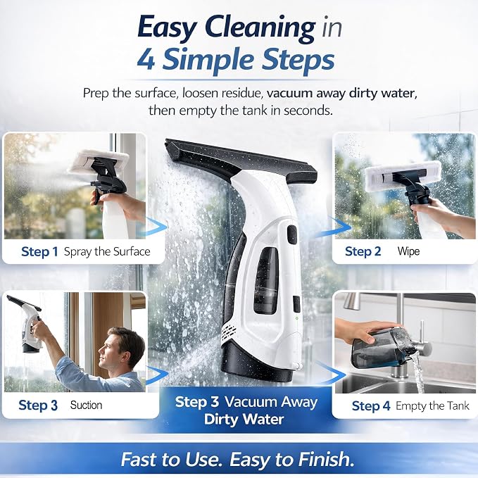 Window Vacuum Squeegee Cordless, Electric Window Cleaner Tool with 2000Pa Suction, 2200mAh Rechargeable Battery, 150mL Detachable Tank, 11-Inch Blade for Windows, Shower Doors, Mirrors, Tiles