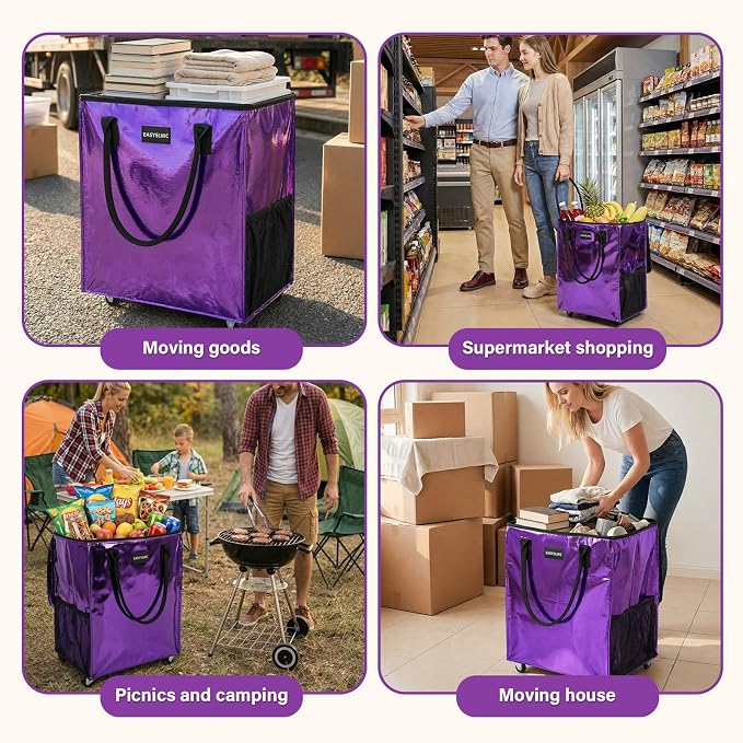 Reusable Hauler Rolling Tote Bag, Collapsible Portable Shopping Bag with Wheels for Groceries, Apartments Laundry, Organization , Heavy Duty Utility Tote Bag, Travel and Moving, 75lbs, Glossy Purple