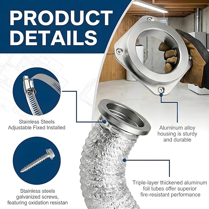 Magnetic Dryer Vent Connector Kit, Quick-Connect 4 Inch Dryer Vent for Tight Laundry Rooms, Save Up to 3–6 Inches of Space, Strong Magnetic Hold, Airtight Seal, Includes 3.3FT Aluminum Hose & 2 Clamps