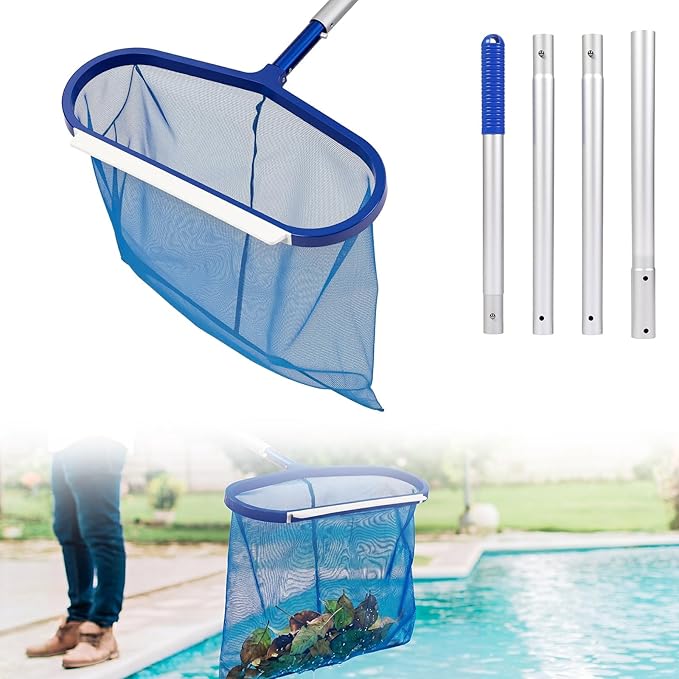 20 Inch Pool Skimmer Net with 15.7 in Aluminum Rod Heavy Duty Fiberglass Swimming Pool Leaf Skimmer Net, Leaf Rake Cleaning Tool Detachable Poles, Easy Scoop Edge, Debris Pickup Removal