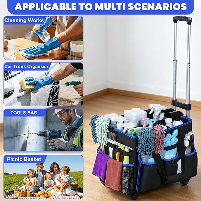 Large Rolling Cleaning Caddy Bag with Detachable Trolley, Cleaning Supplies Organizer Caddy on Wheels with Multi-pocket & Waist Pouch, Water Resistant Cleaning Cart with Shoulder Strap for Housekeeper