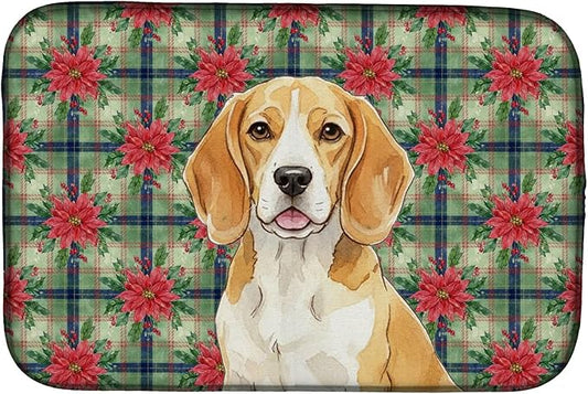 Caroline's Treasures Lemon and White Beagle Christmas PoinsettIas Dish Drying Mat Absorbent Dish Drying Mat Pad for Kitchen Counter Dish Drainer Mat for Countertop, 14 x 21", Multicolor