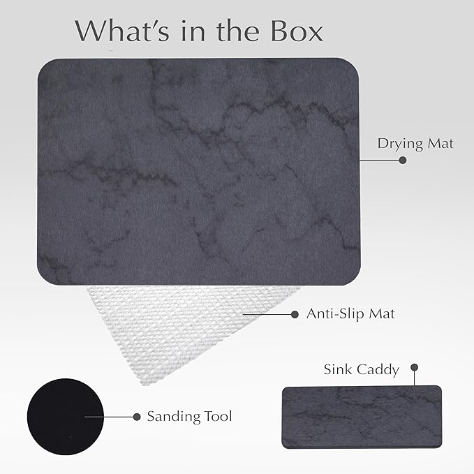 J.B Large Stone Drying Mat for Kitchen Counter - Quick Dry Stone Mat with Sink Caddy, Ultra Absorbent Dish Drying Stone for Kitchen Counter and Bathrooms, 16 x 12 Inch (Dark Gray/Black Marble Finish)