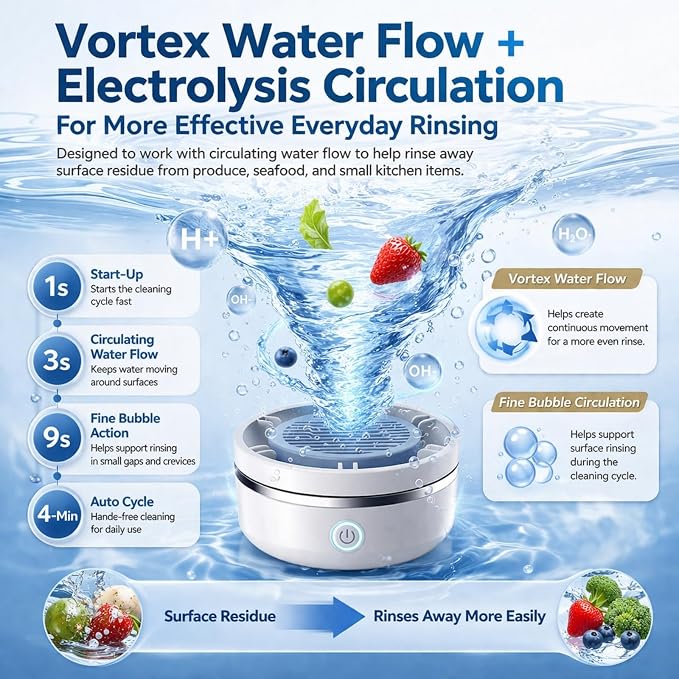 Fruit and Vegetable Cleaner Machine, Produce Washer for Fruits, Veggies & Seafood, 6-Layer Electrolysis Core, Deep Vortex Wash, Rechargeable with Auto Shut-Off (White)