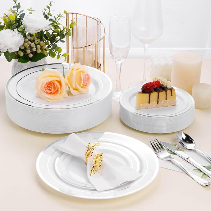BESTSTAR 100PCS White Plastic Plates for Party, 10.25 Inch Disposable Plates with Silver Rim, Heavy Duty Dinner Plates for Wedding and Birthday