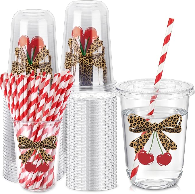 LemonRoad 50sets 16oz Leopard Cherry Cups Bow Cherry Birthday Party Decorations Supplies Cute Plastic Cups Disposable with Lids and Straws for Valentines Galentines Day Christmas Wedding Baby Shower