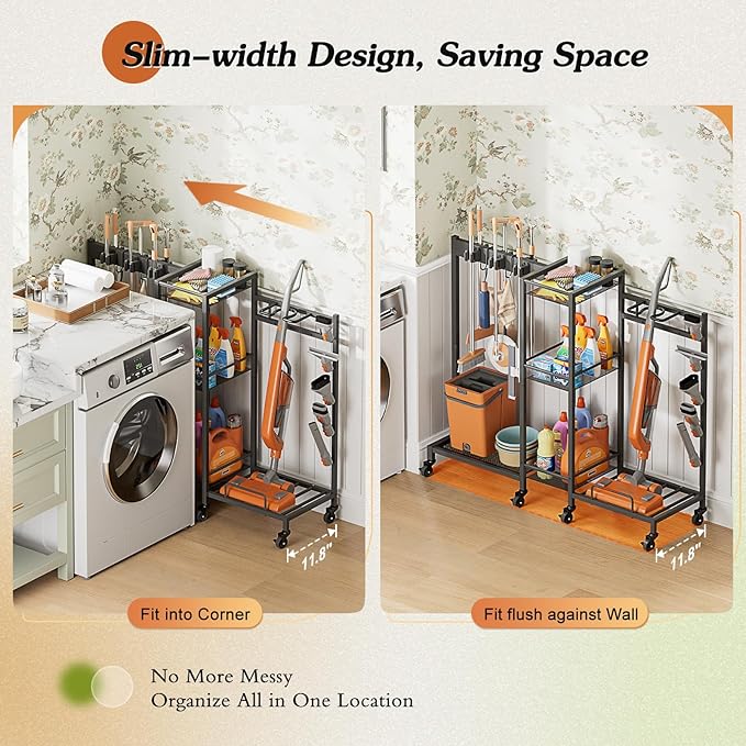 Broom and Mop Holder with Cleaning Supplies Organizer