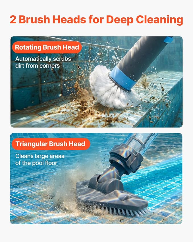 VEVOR Handheld Pool Vacuum, 8.5 GPM Cordless Spa Hot Tub Vacuum with Extension Pole and 2 Brush Heads, 60 Mins Running Time, for Small Debris, Sand, Rechargeable Pool Cleaner for Above Ground Pools