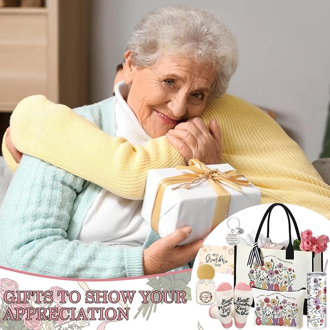 Patelai 7 Pcs Grandma Gifts, Birthday Gifts for Grandma Best Grandmother Gift from Grandkids Grandchildren Thank You Grandmother Set with 20oz Tumbler Tote Bag Candle Socks Makeup Bag Keychain Card