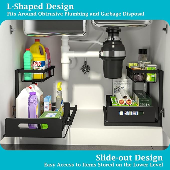 2-Tier Under Sink Organizer Rack – Adjustable Kitchen & Bathroom Storage Shelf with Sliding Baskets, Space Saver for Cleaning Supplies, Pantry, Spices, Toiletries – Heavy Duty Metal Organizer -1 PACK