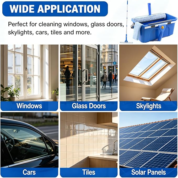 Window Cleaning Kit with 3 Gallon Bucket | 63" Long Handle 14" Window Squeegee & 15" Microfiber Scrubber, Multi‑Purpose Window Washing Tools for Home Car Outdoor Commercial