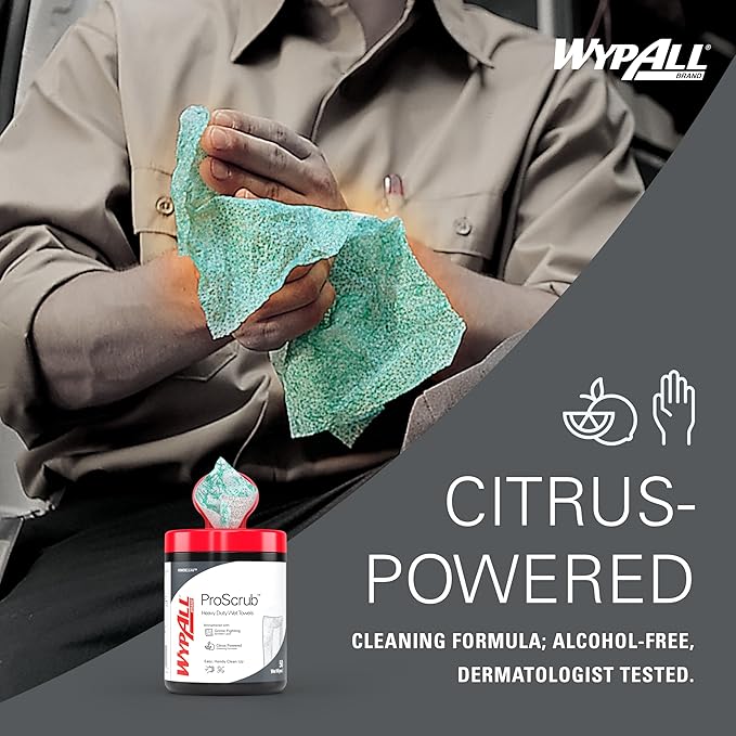 WypAll PowerClean ProScrub Heavy Duty Wet Towels (58310), Dual Action Cleaning, Large 9.5" x 12" Wipes, Canister Included (8 Canisters of 50 Sheets, 400 Sheet Total)